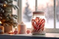 Candy Canes in a Jar with Snowy Backdrop