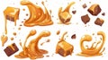 Candy canes and liquid caramel splash and flow on a modern cartoon set of swirling, heart-shaped and wavy brown cream Royalty Free Stock Photo