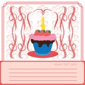 Candy card with a big colored cream cake with strawberries and seeds