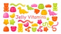 Candy chewy jelly vitamins set, colorful glossy sweet gummy juicy marmalade collection