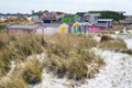 Candy coloured beach hut on Skanor beach in Falsterbo, Skane, Sweden. Swedish tourism concept