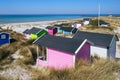 Candy coloured beach hut on Skanor beach in Falsterbo, Skane, Sweden. Swedish tourism concept