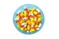 A bowl of pretty bright candy corns, a traditional American Thanksgiving treat