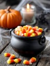 Candy corn in a cauldron with pumpkin and candle in background. Royalty Free Stock Photo