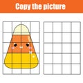 Candy corn. Draw by grid. Copy picture educational game for children and kids. Halloween theme activity