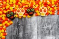 Candy corn with skulls Halloween background Royalty Free Stock Photo