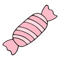 Candy. The elongated candy is wrapped in a pink and white wrapper. Sweetness in a striped wrapper