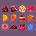 Candy game icons, confectionery and pastry set