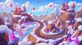 Candy game level road map with cartoon background. Chocolate childish achievements path with lollipop adventure template Royalty Free Stock Photo