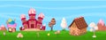 Candy game panorama. Gingerbread landscape, world chocolate and sweets house. Cartoon cupcakes and caramel. Kids biscuit Royalty Free Stock Photo