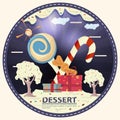 Candy and gift boxes in a clearing made of icing with the words dessert round sticker flat design