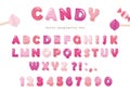 Candy glossy font design. Colorful pink ABC letters and numbers. Sweets for girls. Royalty Free Stock Photo