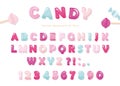 Candy glossy font design. Pastel pink and blue ABC letters and numbers. Sweets for girls. Royalty Free Stock Photo