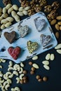 Candy handmade. Sweets without sugar from dried fruits and nuts. Proper nutrition. An assortment of nuts. View from above