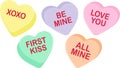 Candy heart sayings, sweethearts, valentines day sweets, sugar food message of love on seasonal holiday, hugs and kisses, be mine