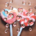 Candy heart shaped picture in water drops