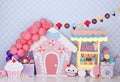 candy house backdrop montage with balloon arch and clothesline for backdrop for photo studio