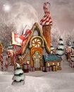 Candy house by a winter snowy forest