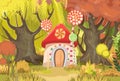 Candy hut in beautiful autumn forest. Sweet caramel fairy house. Summer cute landscape. Illustration in cartoon style