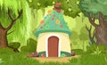 Candy hut in forest with willows and oaks.. Sweet caramel fairy house. Summer cute landscape. Illustration in cartoon