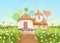 Candy hut in meadow with road. Sweet caramel fairy house. Summer cute landscape. Illustration in cartoon style flat Royalty Free Stock Photo