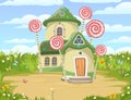 Candy hut. On meadow sand glade. Sweet caramel fairy house. Summer cute landscape. Illustration in cartoon style flat