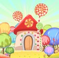 Candy hut. Sweet caramel fairy house. Summer cute landscape. Illustration in cartoon style flat design. Picture for Royalty Free Stock Photo