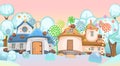 Candy hut in winter forest with trees of ice cream with nuts. Sweet caramel fairy house. Summer cute landscape