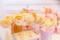 Candy jar and fancy milk bottles for drinks on a dessert table at birthday party or wedding celebration.assortment of Royalty Free Stock Photo