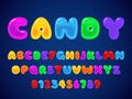 Candy jelly font. Kids candies latin alphabet, color delicious sweet letters and tasty numbers, children lollipop or