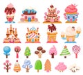 Candy land chocolate biscuit houses and caramel trees. Fantasy city with cake castles. Sweet game lollipops and cupcakes elements