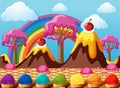 Candy land with chocolate mountains and icecream field