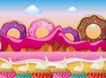 Candy land with donuts and pink ocean