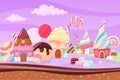 Candy land landscape, sugar houses with swirls of sweet cream, caramel and chocolate Royalty Free Stock Photo