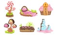 Candy Land Set, Sweet Fantasy Landscape Elements, House, Trees, River, Computer or Mobile Game Assets Vector Royalty Free Stock Photo