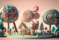 Candy landscape with cute sweet, tree cakepops , lollipops and marshmallow. Tasty world. Generative AI