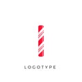 Candy letter I with bright red and white stripes. Like Sweet lollipop or funny cane. Vector latin symbol for logo and