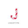 Candy letter J with bright red and white stripes. Like Sweet lollipop or funny cane. Vector latin symbol for logo and