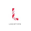 Candy letter L with bright red and white stripes. Like Sweet lollipop or funny cane. Vector latin symbol for logo and
