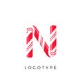 Candy letter N with bright red and white stripes. Like Sweet lollipop or funny cane. Vector latin symbol for logo and