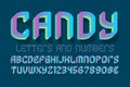 Candy letters and numbers with currency signs. Colorful gradient festive font. Isolated english alphabet