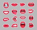 Candy lips patches. Vintage 80s fashion stickers with girl showing tongue and bitten lip with red lipstick. Sticker patch isolated