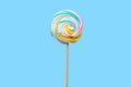 Candy Lollipop for kids and adults on a wooden stick on a blue background. Sucking sweetness for the holiday, confectionery made Royalty Free Stock Photo