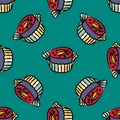 Cute doodle chocolate candy seamless pattern. Endless comfit background.