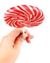 Candy pink spiral lollipop in hand