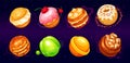 Candy planets. Sweet planet balls in cosmos space sweets world, chocolate crazy dessert jelly ufo ball sweetly donut for