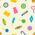 Candy seamless pattern. Sweet background with lollipop, sweets, caramel, candy cane, chocolate, gummy bear. Colorful tasty vector