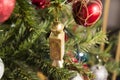 Candy shape Christmas ornament on pine tree, detail, close up. xmas Decorations Balls On evergreen tree