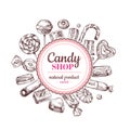 Candy shop background. Sketch chocolate candy, lollipop and marmalade sweets, hand drawn vector label