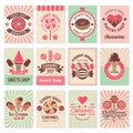 Candy shop cards. Sweet food desserts confectionary symbols for restaurant menu vector flyer collection